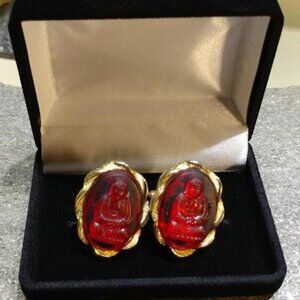1960s Signed Swank Ruby Glass Large Buddha Vintage Cufflinks 20180